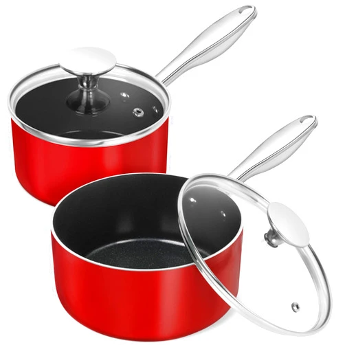 MICHELANGELO Sauce Pan with Lid, 1 Qt & 2 Qt Saucepans with Lids, Ceramic Sauce Pans Nonstick with Stainless Steel Handle, Oven Safe, Red