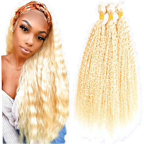 Biottihair 613 Bundles Human Hair Blonde Curly Bundles 8-12 Inch Brazilian Virgin Remy Hair Extensions, 300g, Machine Double Weft, Tangle Free, Sew-In, Modern Style