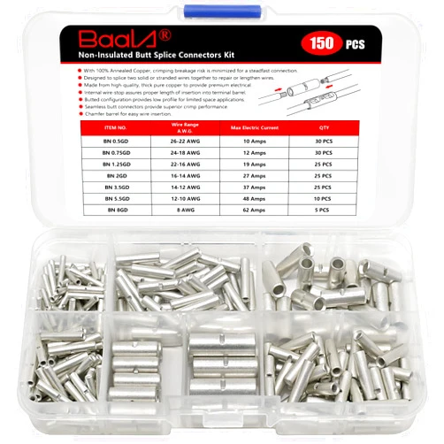 BAALA 150 PCS Non Insulated Butt Connectors Kit,26-8 Gauge Butt Splice Connector Crimp Barrel Splice Connectors, Tinned Copper Marine Grade Seamless Uninsulated Butt Terminals
