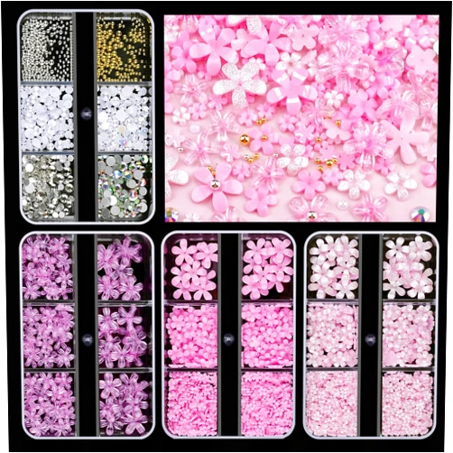 EditTime 3D Colorful Flower Nail Art Charms, White Pink Acrylic Cherry Blossom Spring Petal Metal Gold Silver Round Caviar Beads Studs Pearl Rhinestones for Manicure Craft DIY (2-K1-pink)