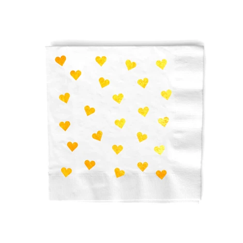 Your Dream Party Shop Heart Design Valentine's Day Napkins - Set of 50 White Gold Foil Printed Napkins, Perfect for Valentines Day, Wedding, Cocktail Beverage Napkins, Date Night Table Decor Napkins