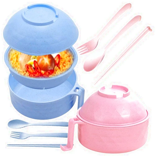 RONSOOBA 2 Sets Instant Noodle Bowl, Portable Ramen Cooker, Microwave Ramen Bowl Set with Strainer (Blue + Pink)