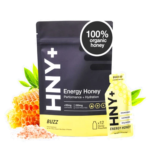 HNY+ Buzz Organic Honey Energy Gel with Electrolytes, Magnesium, Sea Salt, Potassium & Green Tea Caffeine, Gluten Free & Vegan, Workout Gels, for Gym, Running & Hiking, 50mg Caffeine, 12 Pack