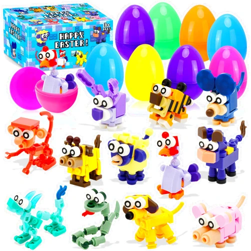 Kiddelo 12 Pack Prefilled Easter Eggs With Toys, Animal Building Block Easter Basket Egg Hunt Stuffers, Pre Filled Easter Eggs Fillers Zodiac for Kids Gifts Party Favors, Goodie Bag Stuffer, Easter Prizes