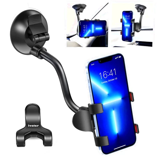 ivoler Car Phone Mount Windshield, Long Arm Clamp Universal Windshield with Double Clip Strong Suction Cup Cell Phone Holder Compatible with iPhone 15 14 13 Pro Max XS 7 8 Plus, Galaxy S24 S23 Ultra