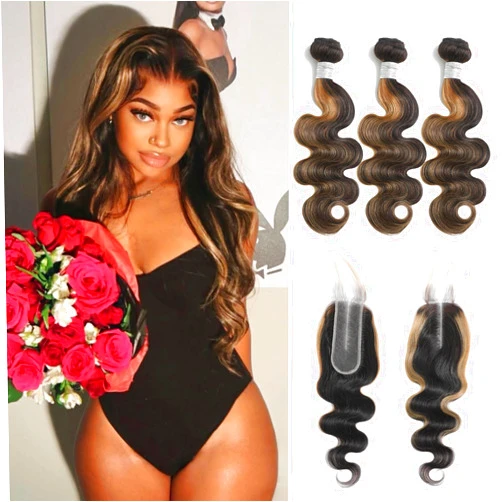 Enaiiby 1b/27 Bundles with 2x6 HD Lace Closure, Body Wave 12 14 16+10 Inch, Honey Blonde Highlighted 3 Bundles with 2x6 Closure Human Hair, 12A Ombre Balayage Color Brazilian Virgin Remy Hair Sew In Weave