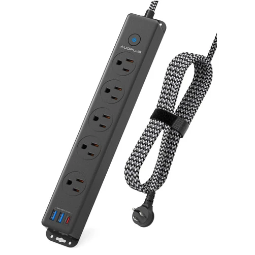 AUOPLUS Surge Protector Power Strip with USB C Ports, 5FT Braided Extension Cord, 5 Outlets and 3 USB Ports(1 USB C), AUOPLUS Mountable Power Strips Flat Plug with Overload Protection