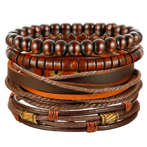 Jstyle 4Pcs Braided Leather Bracelet for Women Mens Cuff Bead Bracelet Set Adjustable Black And Brown