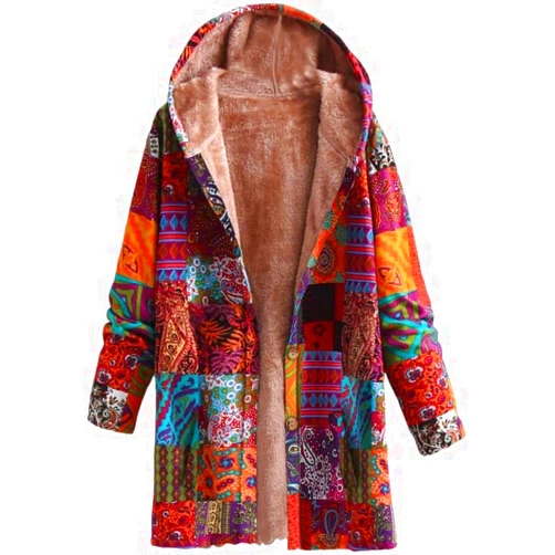 DMOYALA Enthnic Overcoat Womens Warm Fleece Boho Patchwork Sherpa Coats Female Button Up Hooded Sherpa Jacket with Pocket