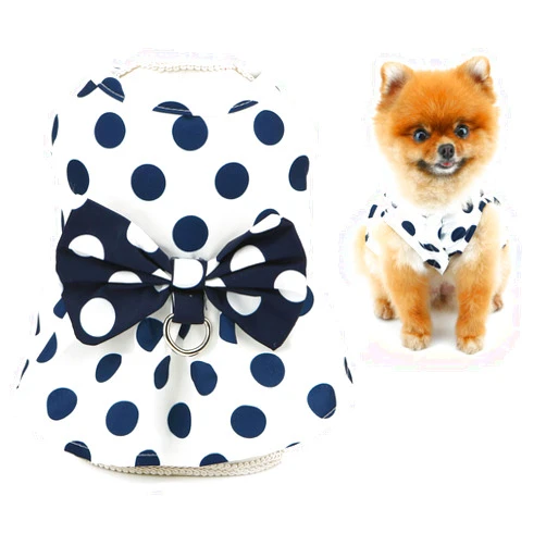 SMALLLEE_LUCKY_STORE Polka Dot Dog Dresses for Small Dog Girls Puppy Harness Dress with D-Ring and Bowknot Spring Summer Breathable Pet Skrit Chihuahua Yorkie Cat Clothes, White, M