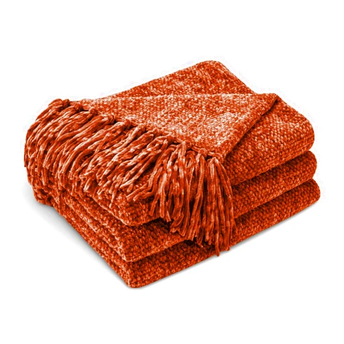 CozeCube Chenille Throw Blanket for Bed, Cozy Soft Terracotta Throw Blanket with Fringe Tassel, Rust Orange Throw Blanket for Sofa Chair,Decorative Chunky Chenille Throw Blanket 60