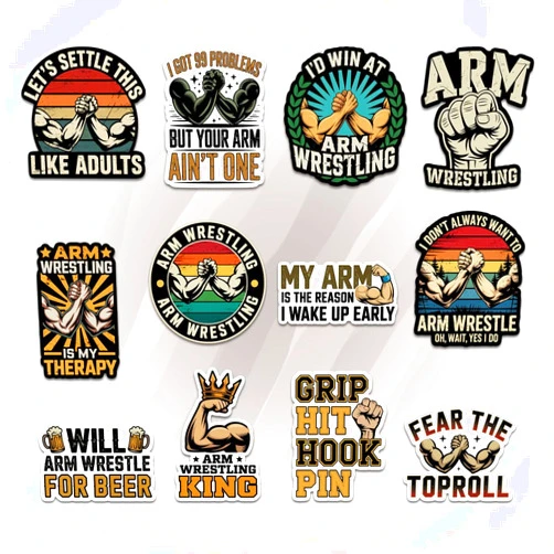 Vybonz 12 Pcs Arm Wrestling Stickers Set, Funny Gym and Strength with Quotes Like Grip Hit Hook Pin and Let’s Settle This Like Adults, Stickers for Bottle, Phone, Helmet, Locker, Workout Gear 3 Inches