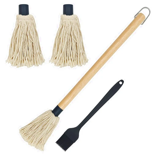 IOUALEY BBQ Basting Mop Brush for Roasting or Grilling, 18 Inch Grill Basting Brush BBQ Mop with Wooden Long Handle and 2 Extra Replacement Heads and Silicone Brush, Perfect for BBQ Grilling Smoking Steak