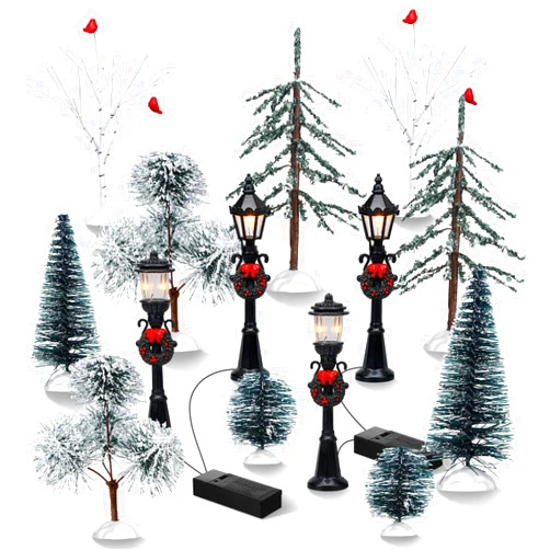 Aoriher 14 Pcs Christmas Accessories Village Figurine Miniature Pine Trees Snow Artificial Christmas Trees Bare Branch Trees Street Lights Lamps for Xmas DIY Crafts Winter Room Landscape (Exquisite Style)
