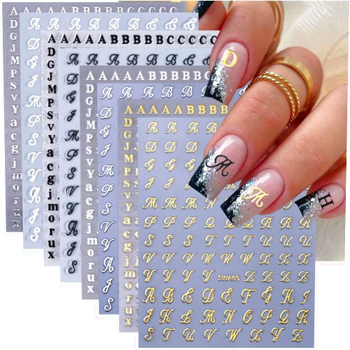 BYJKYEN English Letters Nail Stickers for Nail Art, 8 Sheets English Letters Nail Decals with Retro Design, 3D Self-Adhesive Black White Gold Silver Letters Nail Art Sticker for DIY Nail Decoration Charms