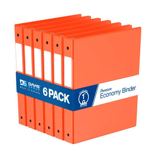 Davis Group Premium Economy 1-Inch Binder, 3-Ring Binder for School, Office, or Home, Colored Binder Notebook, Pack of 6, Round Ring, Orange