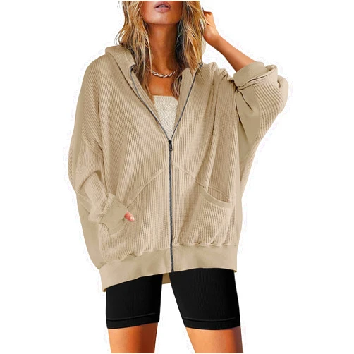 SAUKOLE Womens Fashion Zip Up Hoodies Oversized Waffle Knit Jacket Shirts Long Sleeve Solid Shacket Blouse with Pockets