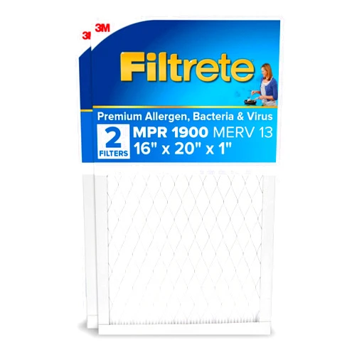 Filtrete 16x20x1 AC Furnace Air Filter, MERV 13, MPR 1900, Premium Allergen, Bacteria&Virus Filter, 3-Month Pleated 1-Inch Electrostatic Air Cleaning Filter, 2-Pack (Actual Size 15.719x19.719x0.78 in)