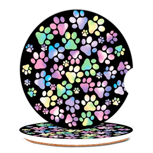 Adastrah 2 Pack Absorbent Car Coasters for Cup Holders,Gradient Colorful Dog paw Print Ceramic Coasters with Cork Back and Finger Slot,2.56
