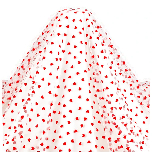 MAYJOYDIY 2 Yards×63inch Red Flocking Heart White Lace Mesh Fabric Lightweight Tulle Lovely Velvet Heart Lace Trim Fabric for DIY Wedding Tutu Valentine Decor Craft Accessories