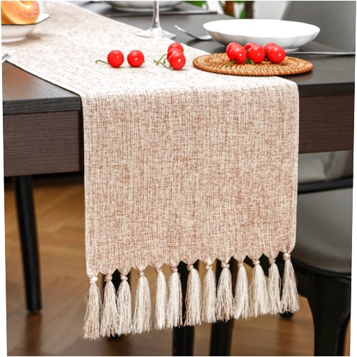 Aofmee Beige Table Runner 36 Inches Long, Burlap Linen Style Farmhouse Dining Room Table Runner for Everyday Use, Short Boho Coffee Table Runner with Tassels for Living Room Dresser Decor, Easy Care