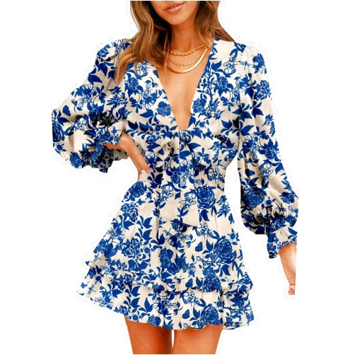 AlvaQ Womens Spring Summer Knot Front V Neck Ruffles Long Sleeve Floral Print Swing Mini Dress