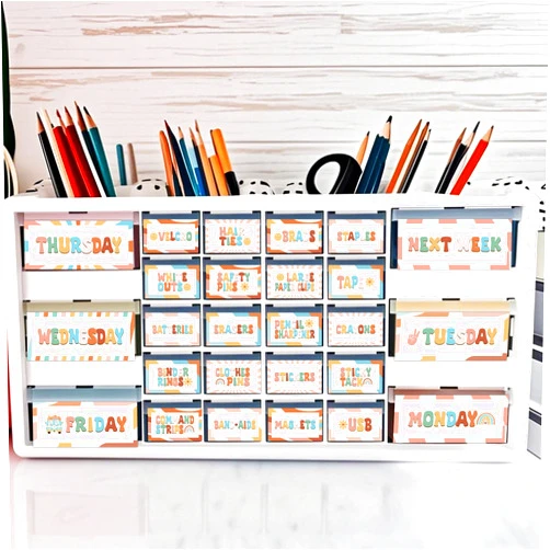Gisgfim 48Pcs Groovy Hippie Teacher Toolbox Labels Classroom Decoration Self-Adhesive Toolbox Stickers Retro Tool Box Storage Decal Colorful Organizer Container Decor for Back to School Teacher Supplies