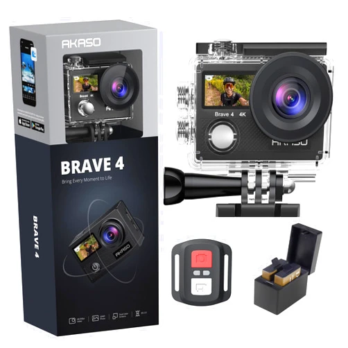 AKASO Brave 4 4K30fps 20MP WiFi Action Camera Ultra Hd with EIS 131ft Waterproof Camera Remote Control 5xZoom Underwater Camcorder with 2 Batteries and Bicycle Helmet Accessories Kit