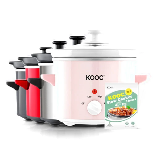 KOOC Small Slow Cooker, 2-Quart, Free Liners Included for Easy Clean-up, Upgraded Ceramic pot, Adjustable Temp, Nutrient Loss Reduction, Stainless Steel, Pink, Round