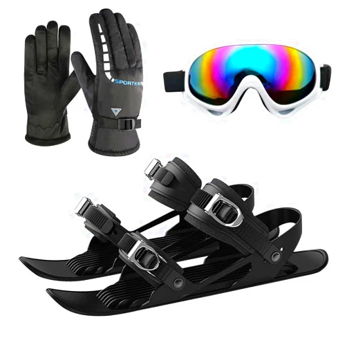 GKWW Mini Ski Skates with Gloves & Goggles Winter Outdoor Skiing Mini Sled Snowboard Sled Shoes Portable Snowblades Skis Shoes Adjustable Short Snowskates Skiboards
