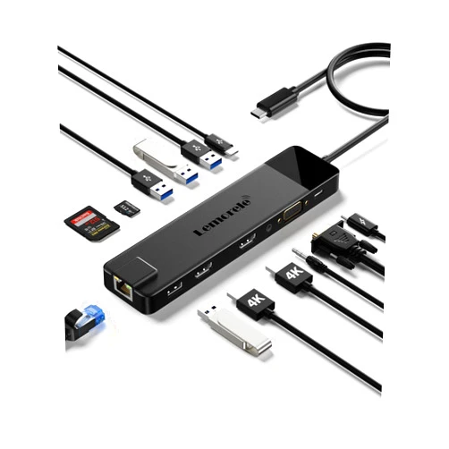 Lemorele 13 in 1 USB C Docking Station Triple Monitor, Multiport Hub Adapter w/Dual HDMI 4K, 1000M RJ45, VGA, 4 USB 3.0/2.0, USB C 3.0, 100W PD, SD/TF, 3.5MM Audio for Type C Laptops