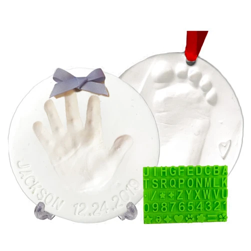 Baby Mushroom Baby Handprint Footprint Keepsake Ornament Kit (Makes 2) - Bonus Stencil for Personalized Christmas, Newborn, New Mom & Shower Gifts. 2 Easels! Non-Toxic Clay, Air-Dries Light & Soft, Won't Crack.