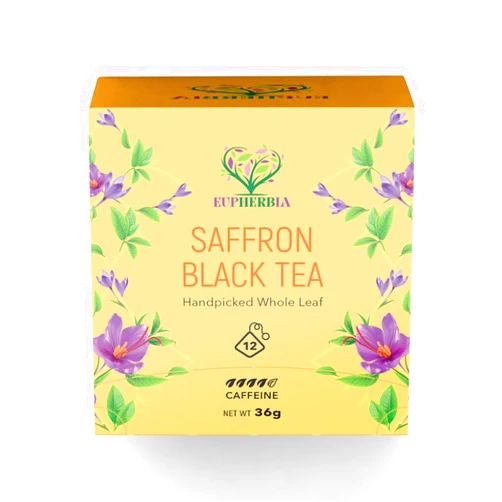 Eupherbia Saffron Black Tea, Handpicked, Highland Grown Whole Leaf Tea, Enriched with Premium Saffron Threads, Brisk, Earthy, Aromatic, Individually Wrapped Tea Sachets (Pack of 12)
