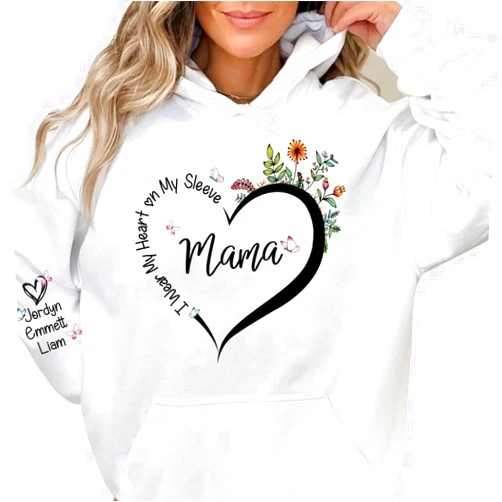 IZI POD - I Wear My Heart On My Sleeve - Custom Grandma, Mama Sweatshirt - Personalized Mom, Mommy, Mimi, Nana, Gigi Shirt