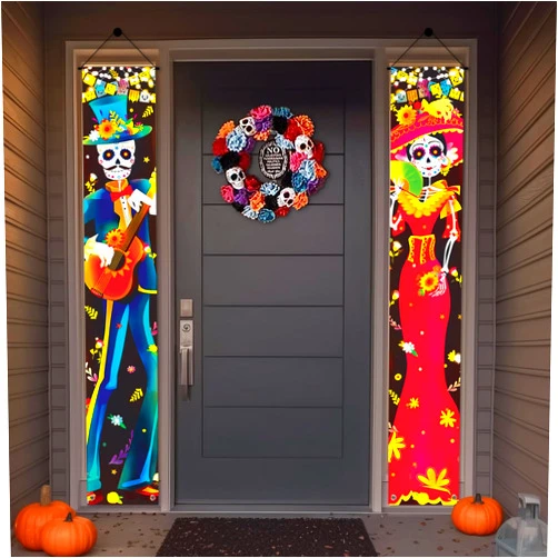 Pextian Halloween Decorations Indoor - Dia De Los Muertos decorations - Day of The Dead Porch Sign Door Banner Mexican Party Sugar Skull Decor for Welcome Hanging Banners Home Wall Front Yard Altar Supplies
