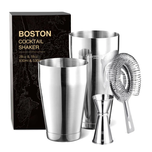 KITESSENSU Boston Cocktail Shaker Set, 4-Piece Boston Shaker Tins Bartender Kit with 18oz & 28oz Mixed Drink Shaker, Hawthorne Strainer, Double Measuring Jigger, Cocktail Recipe Cards Included