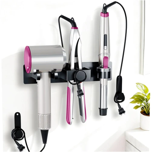 DOTCUTY Hair Dryer Holder Wall Mount with Plug&Cord Organizer, Curling Iron Holder Flat Iron, 3-in-1 Bathroom Hair Tool Organizer and Storage, Straightener Holder, Metal Blow Dryer Holder Rack for Most Dryers