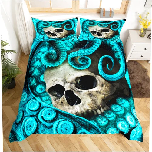 Feelyou Skull Duvet Cover Set Twin Size for Adults Boys 3D Print Octopus Bedding Set Blue Decorative Horror Microfiber Polyester Comforter Cover with 1 Pillow Shams, Zipper, Marine Life, 2 Pieces