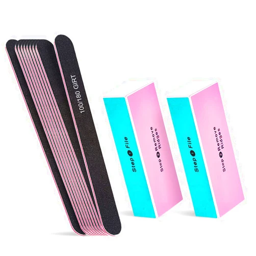 ROFROX Nail File and Polishing Buffer Block Set,2pcs 4 Way Nail Buffing,Polish Nail Surface Shine Nail,Remove ridegs & 10pcs Double Sided 100/180 Grit Nail File Emery Board Filer,Nail Care Tools