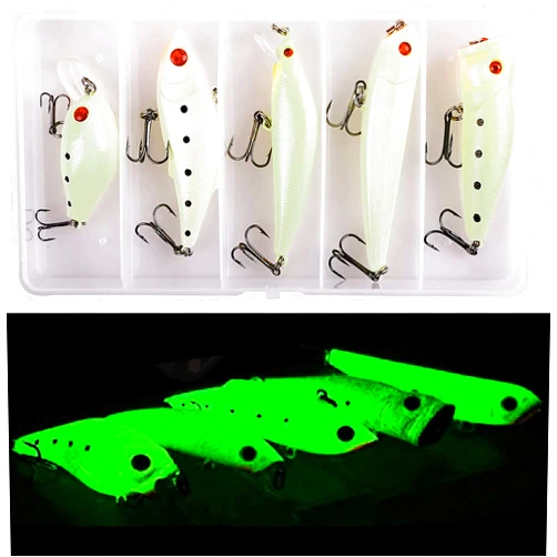 SILANON Glow Fishing Lures Bait Kit- 5pcs Luminous Minnow Crankbait VIB Popper Pencil Night Artificial Fishing Lures with Treble Hooks Tackle Box for Bass Saltwater Freshwater