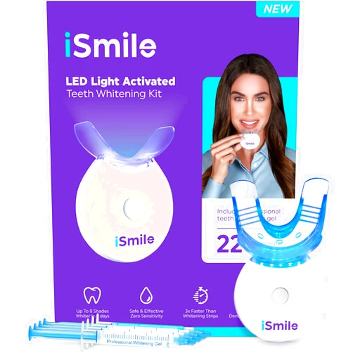 ISmile Whitening iSmile Teeth Whitening Kit - LED Light, 35% Carbamide Peroxide, (3) 3ml Gel Syringes, (1) Remineralization Gel, and Tray.
