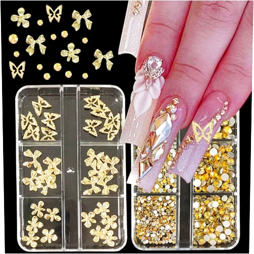 VOTACOS Nail Art Rhinestones Gold Bow Nail Charms 3D Flower for Nails Alloy Butterfly Nail Charms Flatback Rhinestones Gems Nail Supplies Crystal Jewelry Accessories for Women Nail Decorations Design.