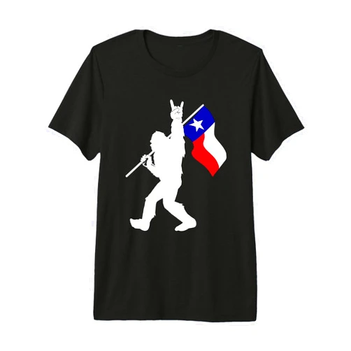 Funny Texas Pride Bigfoot Rock On Flag Souvenir State of Texas Flag Bigfoot Rock On for Sasquatch Hunter Premium Tri-Blend T-Shirt