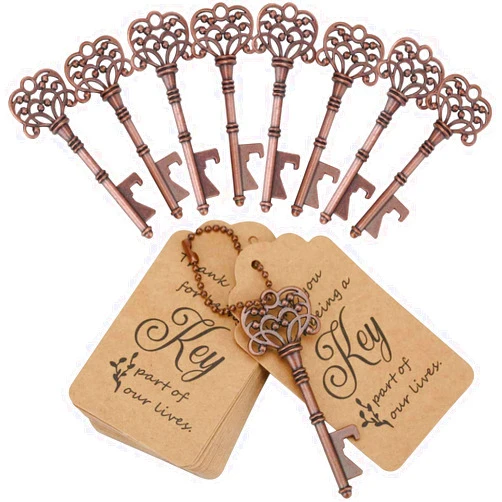 WODEGIFT 20 PCS Vintage Skeleton Key Bottle Openers with Thank You Tags and Chains,Wedding Favors and Bridal Shower Favors(Red Copper)