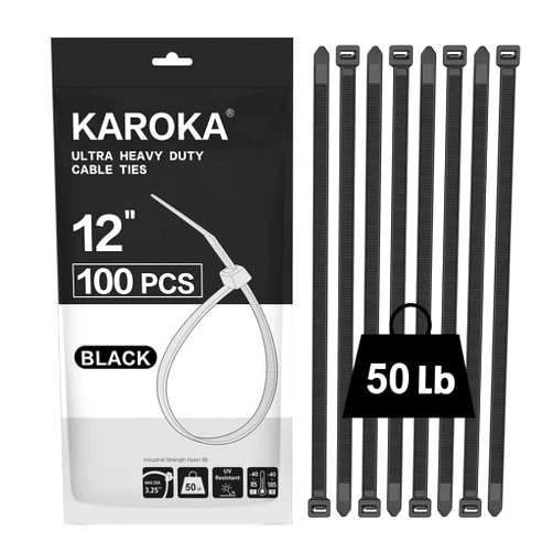 Karoka Zip Ties 12 inch (100 Pack), Black, 50 lb, UV Resistant Cable Ties for indoor and outdoor use, by Karoka