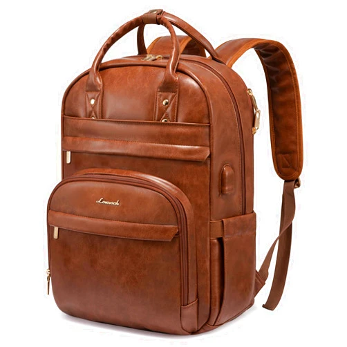 LOVEVOOK Laptop Backpack for Women,15.6 inch Vintage PU Work Backpack Purse with USB Charging Port,Fashion Travel Backpack Waterproof Teacher Backpack for Business College PU Brown