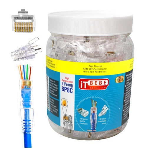Itbebe.com ITBEBE 100/100 RJ45 Cat5 Cat5e Pass Through Connectors for 24 AWG Cables - 100 Cat5e Passthrough Connector Ends and 100 RJ45 Connectors Clear Strain Relief for Clean, snag-Free Ethernet Patch Cord