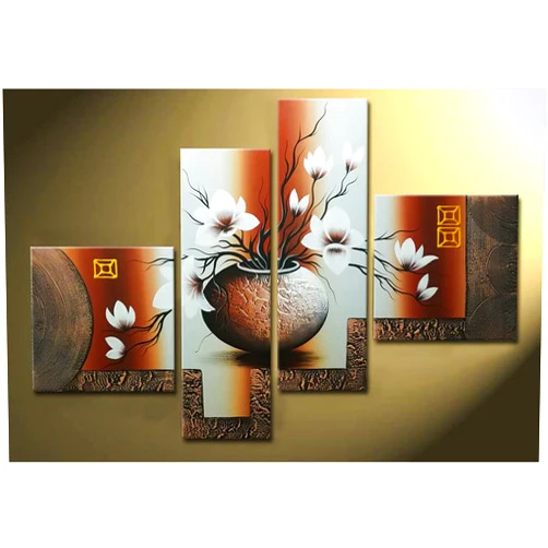 Wieco Art -Stretched and Framed 100% Hand-painted Modern Canvas Wall Art Stretched and Framed Elegant Flowers for Home Decoration Floral Oil Paintings on Canvas 4pcs/set