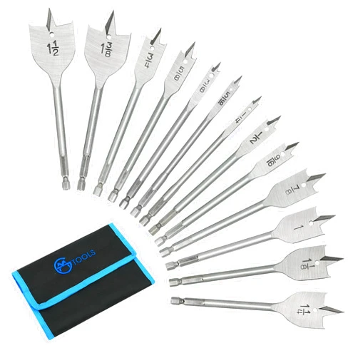 GMTOOLS 13 Piece Spade Drill Bit Sets, Paddle Flat Bit for Hole Cutter Woodworking, 1/4