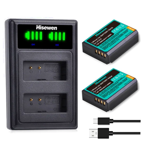 Hisewen LP-E10 Battery and Dual Charger for Canon EOS Rebel T7 T6 T5 T3 T100 Kiss X90 X80 X70 X50 1100D 1200D 1300D 1500D 2000D 3000D 4000D Digital Camera. (2 Pack,1600 mAh)